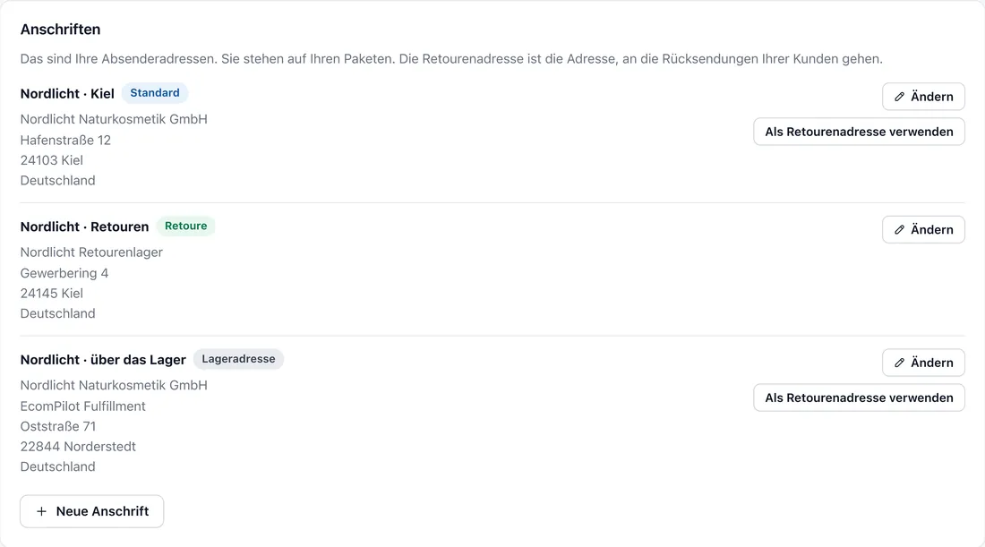 Die Einrichtung im Kundenportal: Absenderadressen, eine Retourenadresse und eine Adresse über das Lager.