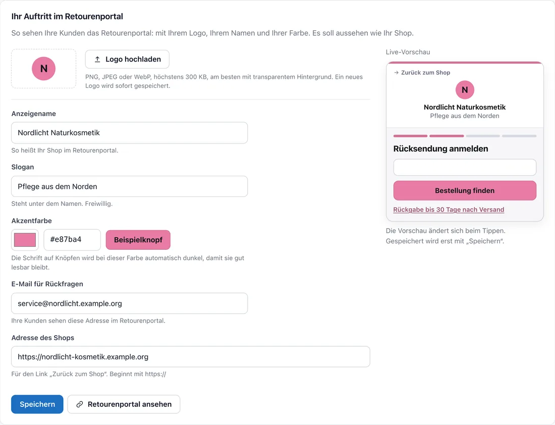 Die Einstellungen für den Auftritt des Retourenportals: Logo, Anzeigename, Slogan, Akzentfarbe und eine Live-Vorschau der Retourenseite.