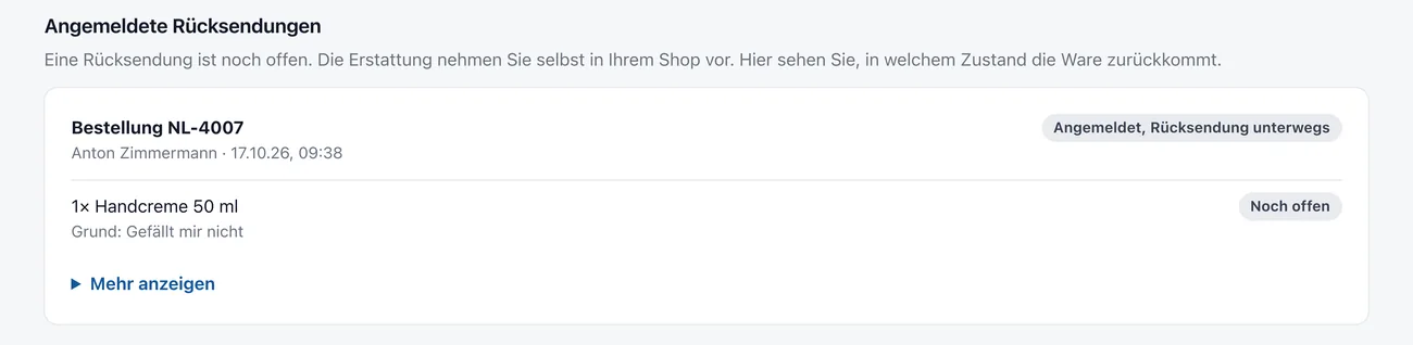 Angemeldete Rücksendungen mit Artikeln, Grund und Stand, zum Beispiel Angemeldet, Rücksendung unterwegs.